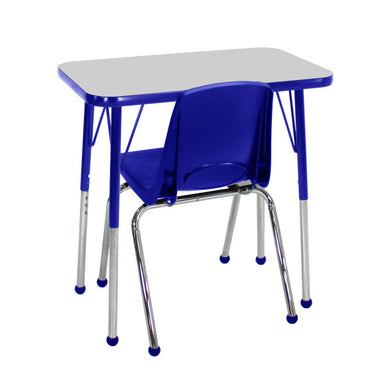 Factory Direct Partners 18" x 30" Rectangle T-Mold Activity Table with Standard Legs and 12" Stack Chair with Ball Glides Front View Gray/Blue