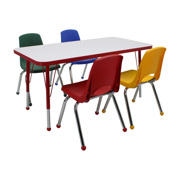 Dry-Erase Rectangle Activity Table with Standard Legs and Multicolored Stack Chairs, 5-Piece Set