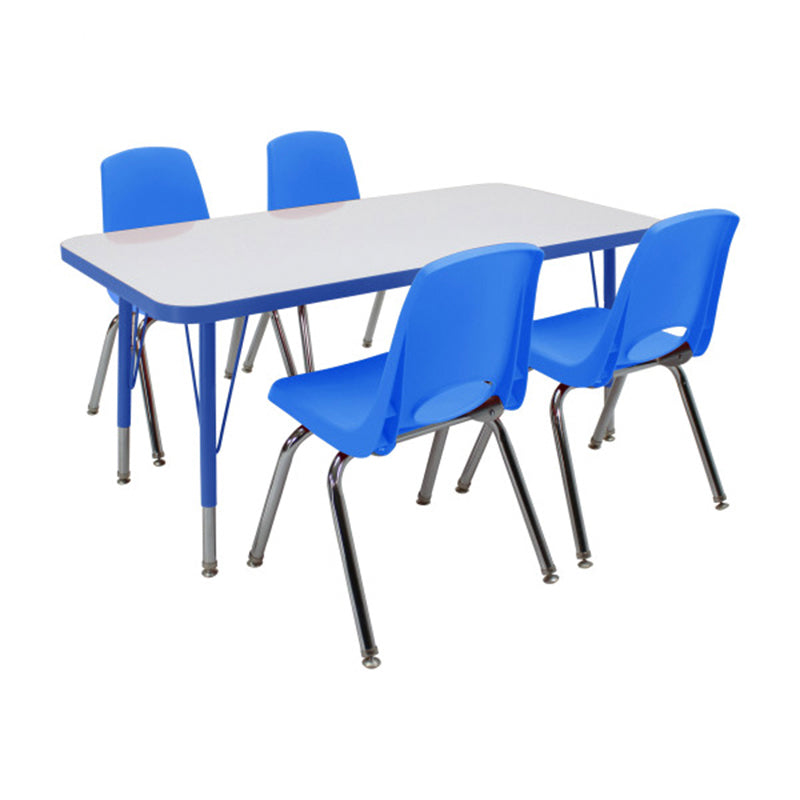 24" x 48" Rectangle Dry-Erase Activity Table with Standard Legs and 14" Stack Chairs with Swivel Glides, 5-Piece Set - White/Blue