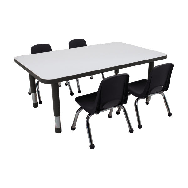 Factory Direct Partners 30" x 48" Rectangle Dry Erase Activity Table with Chunky Legs and 10" Stack Chairs with Ball Glides, 5 Piece Set Front View in Black