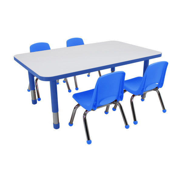 Factory Direct Partners 30" x 40" Rectangle Dry Erase Activity Table with Chunky Legs and 10" Stack Chairs with Ball Glides, 5 Piece Set Front View in Blue