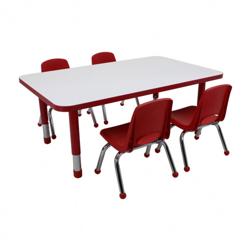 Factory Direct Partners 30" x 48" Rectangle Dry Erase Activity Table with Chunky Legs and 10" Stack Chairs with Ball Glides, 5 Piece Set in Red Front View