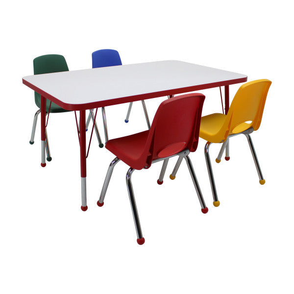 Dry-Erase Rectangle Activity Table with Standard Legs and Multicolored Stack Chairs, 5-Piece Set