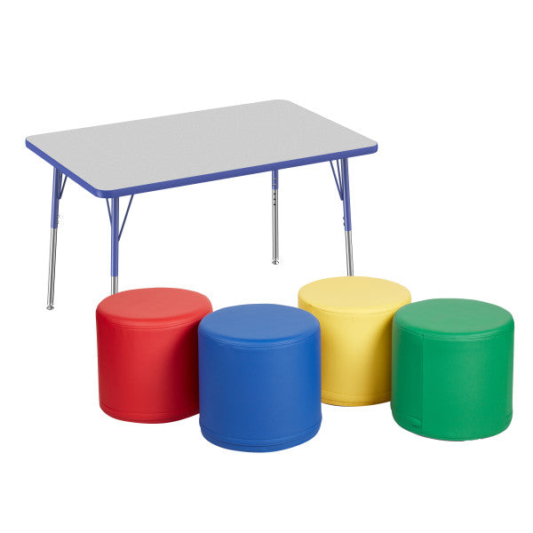 Factory Direct Partners 30" x 48" Rectangle T-Mold Activity Table with Standard Swivel Legs and Round Ottomans 16" Height, 5-Piece Set - Gray/Blue/Assorted Front View