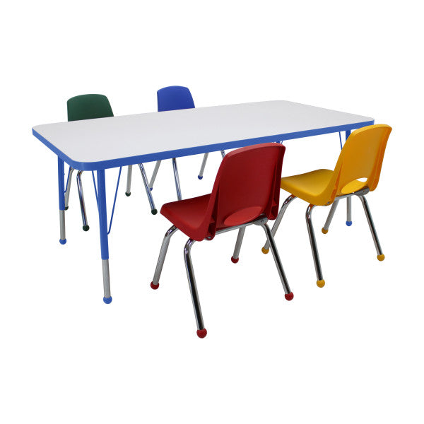 Dry-Erase Rectangle Activity Table with Standard Legs and Multicolored Stack Chairs, 5-Piece Set