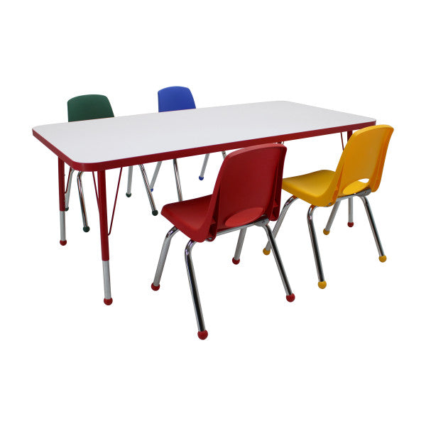 Dry-Erase Rectangle Activity Table with Standard Legs and Multicolored Stack Chairs, 5-Piece Set