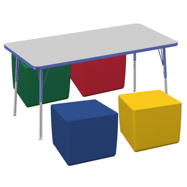 Factory Direct Partners 30" x 60" Rectangle T-Mold Activity Table with Standard Swivel Legs and Square Ottomans 16" Height, 5-Piece Set - Gray/Blue/Assorted Front View