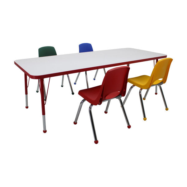 Dry-Erase Rectangle Activity Table with Standard Legs and Multicolored Stack Chairs, 5-Piece Set
