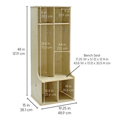 Factory Direct Partners Birch 2 Section Locker With Upper Cubbies Front View With Dimensions